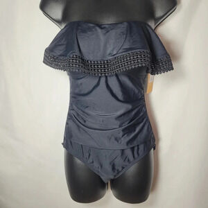 NWT Kona Sol S Black Ruffle Strapless One Piece Swim Suit